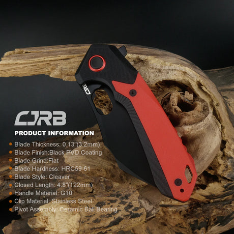 CJRB liner lock knife with black and red color and G10 Handle.