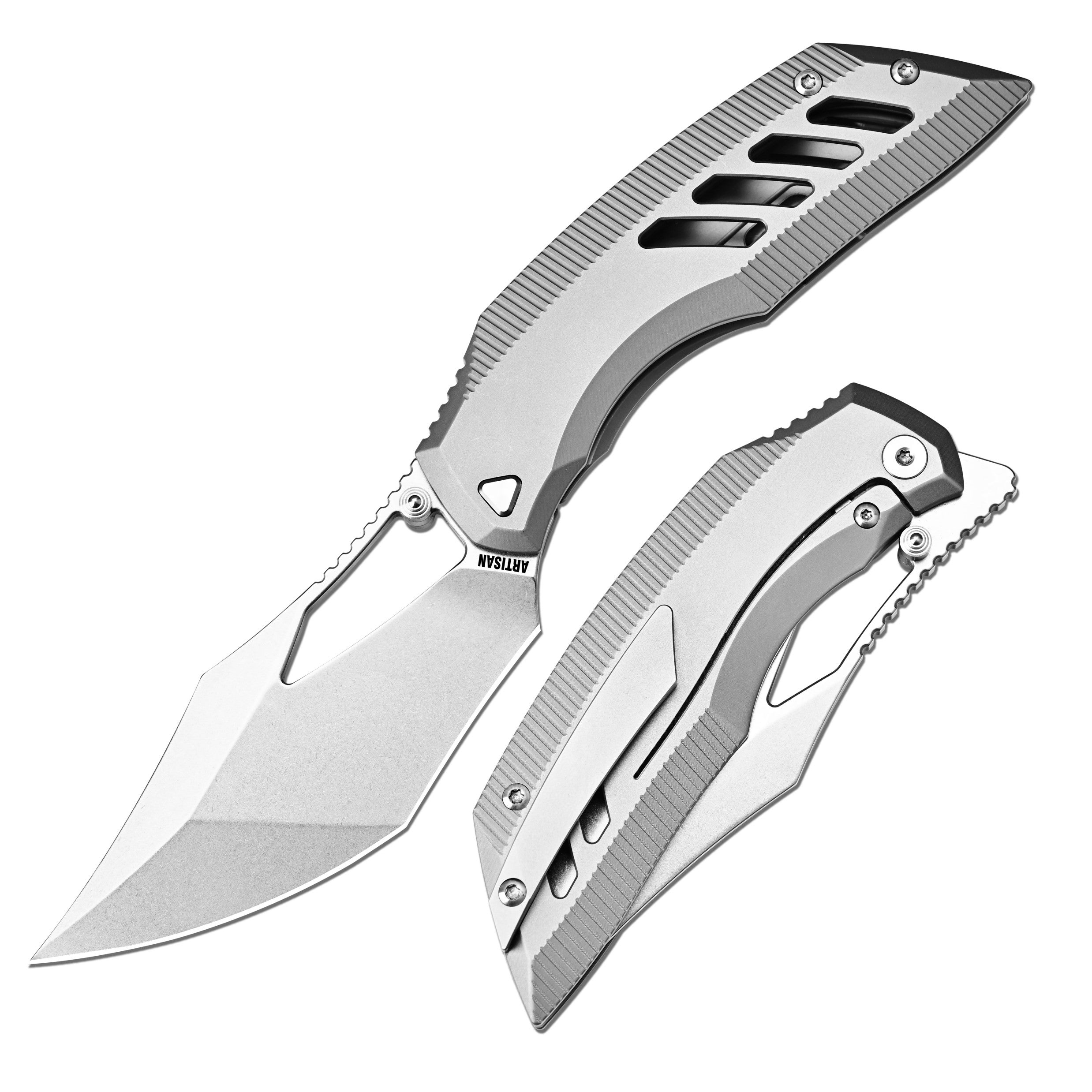 ArtisanCutlery Dark Wing Thumb Hole & Front Flipper Frame Lock EDC Knife Titanium Handle(3.63'' S35VN Stone Wash Blade ) 1887G-GY