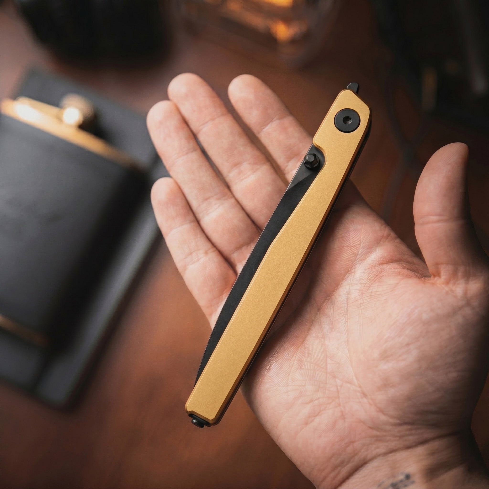 CJRB Lanky Thumb Stud & Front Flipper Liner Lock EDC Knife Titanium Handle Steel Clip(3.58'' CPM S90V Black PVD Coating Blade) J1965G-GL