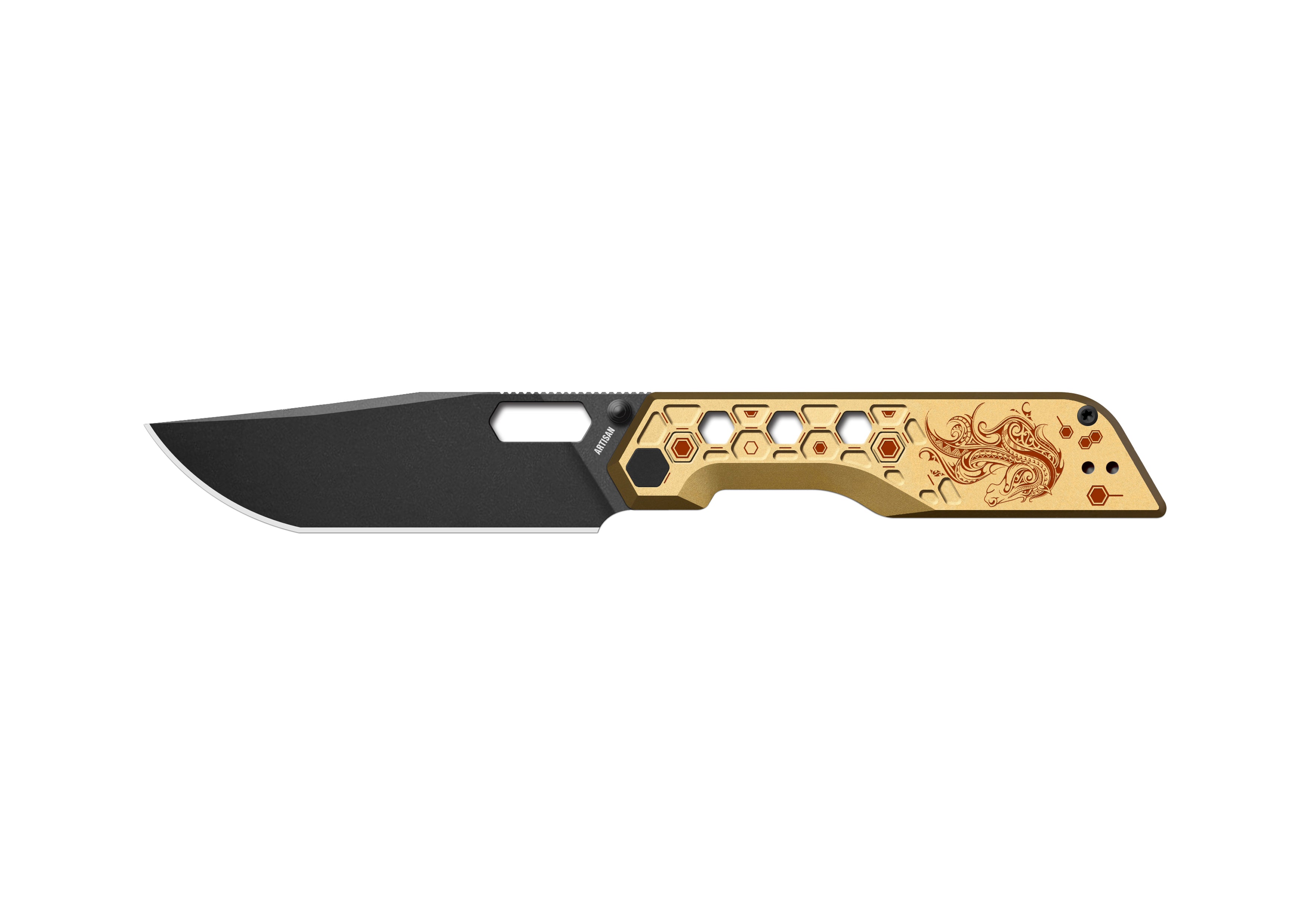 Pre-order | Artisan Cutlery Beest Liner Lock Front Flipper&Thumbs Hole Knife Gold Aluminum Handle (3.65'' Black PVD Coating AR-SFII Blade) 1878P-GL