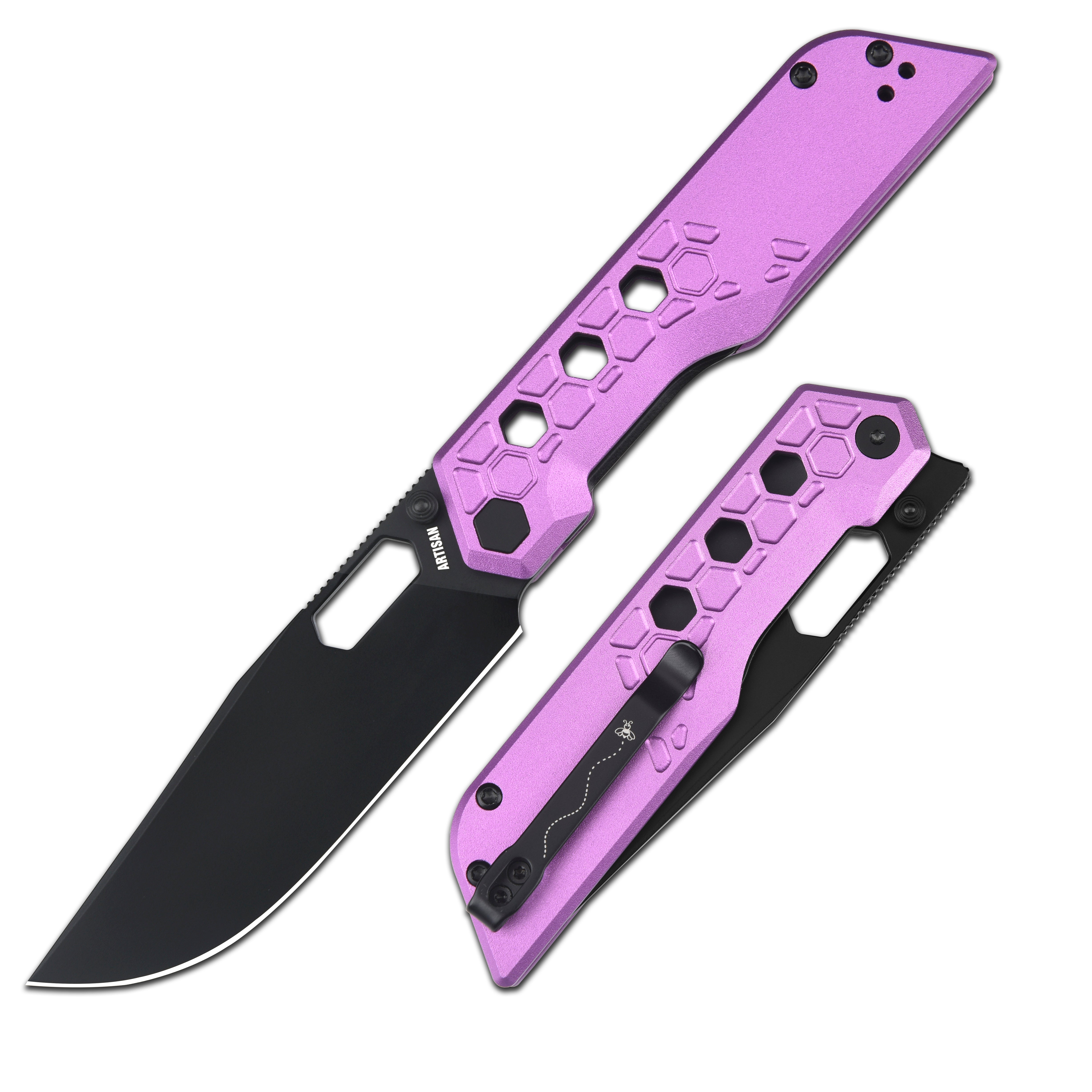 Artisan Cutlery Beest Liner Lock Front Flipper&Thumbs Hole Knife Purple Aluminum Handle (3.65'' Black PVD Coating AR-RPM9 Blade) 1878P-BVT