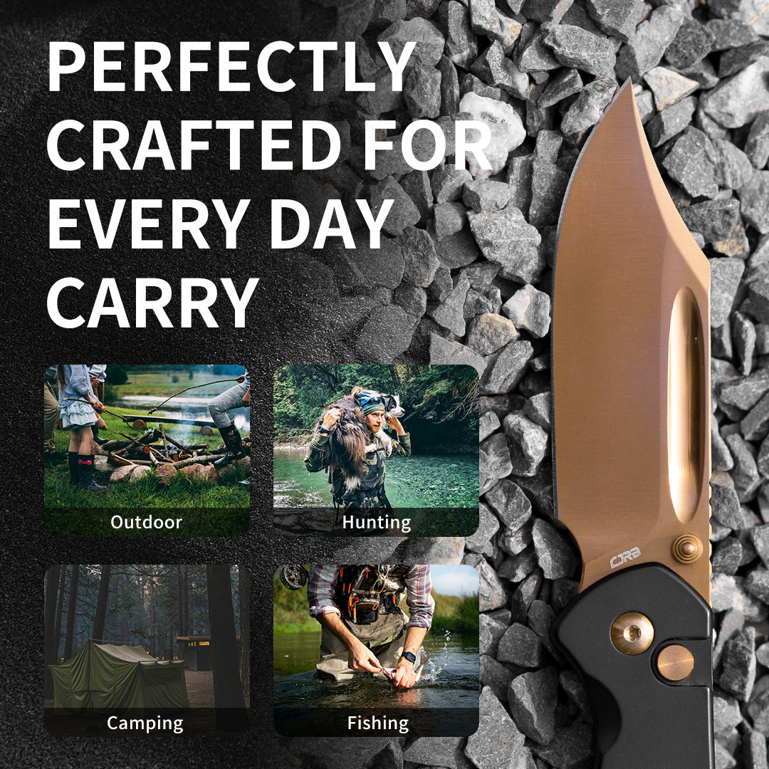 CJRB Bowie Pyrite J1942 AR-RPM9 Steel Blade Rose Gold Steel Handle Folding Knives