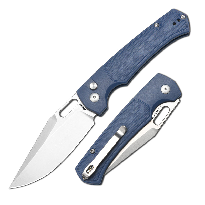 ARTISAN CUTLERY REVEL Button Lock Knife Blue FRN Handle (3.54'' Stone Wash S90V Blade) 1867G-BU