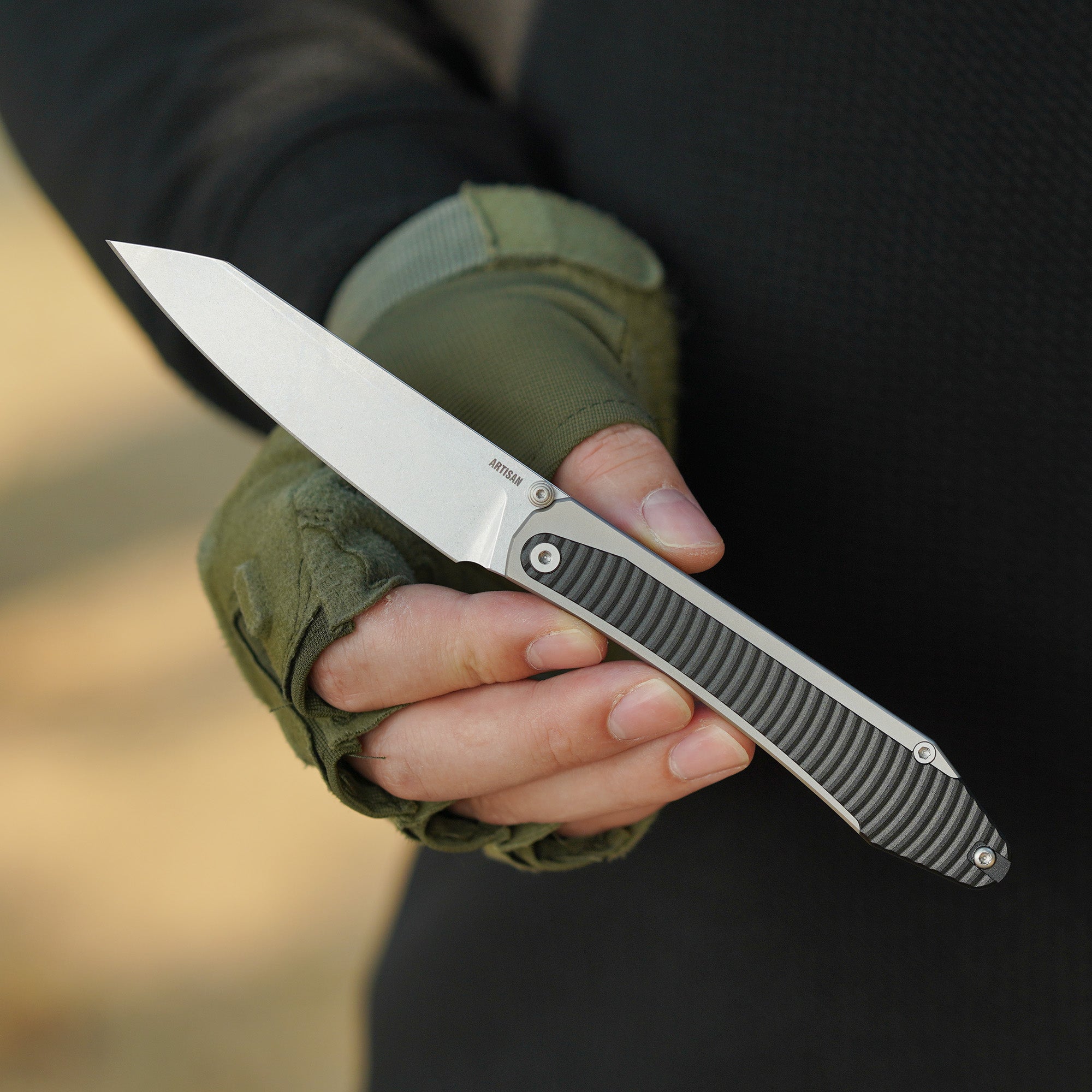 ArtisanCutlery Trust Thumb Stud & Frame Lock Knife Titanium and Aluminum Handle (3.758'' Stone Wash S35VN Blade) 1886G-GY