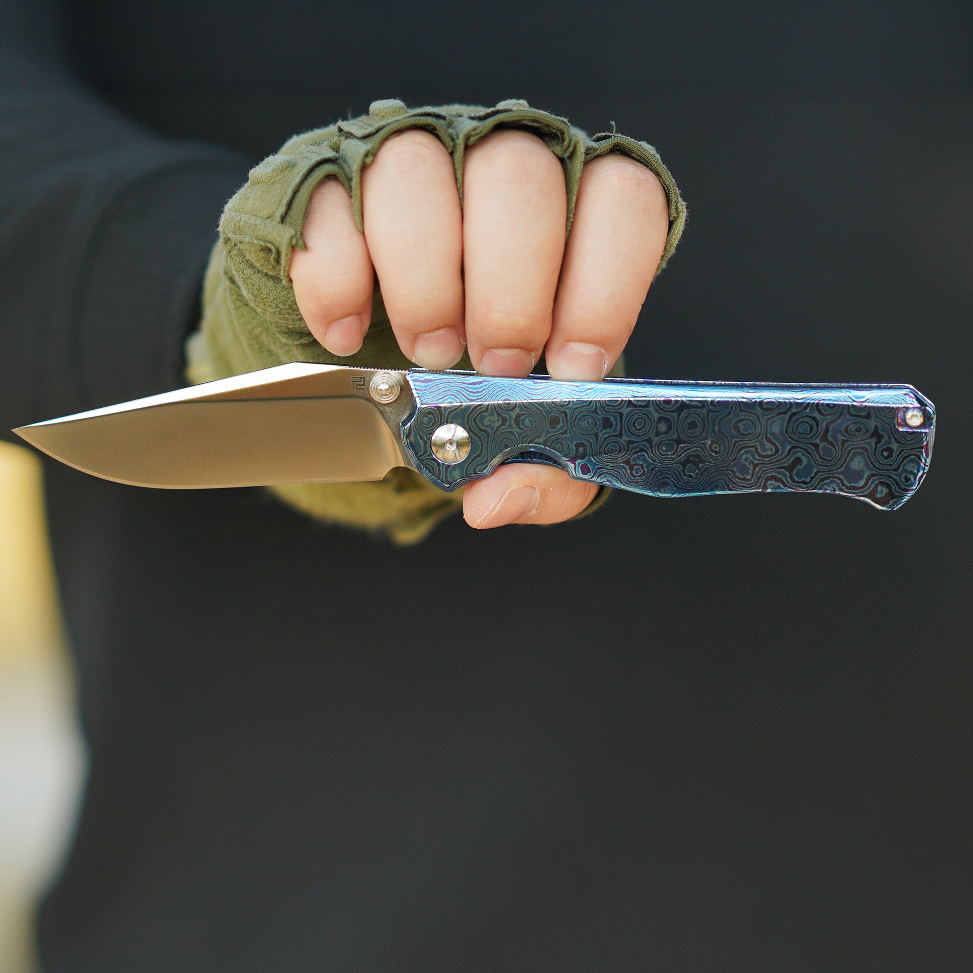 ArtisanCutlery Crusoe ATZ-1869G S90V Blade Titanium Damascus Handle Folding Knives