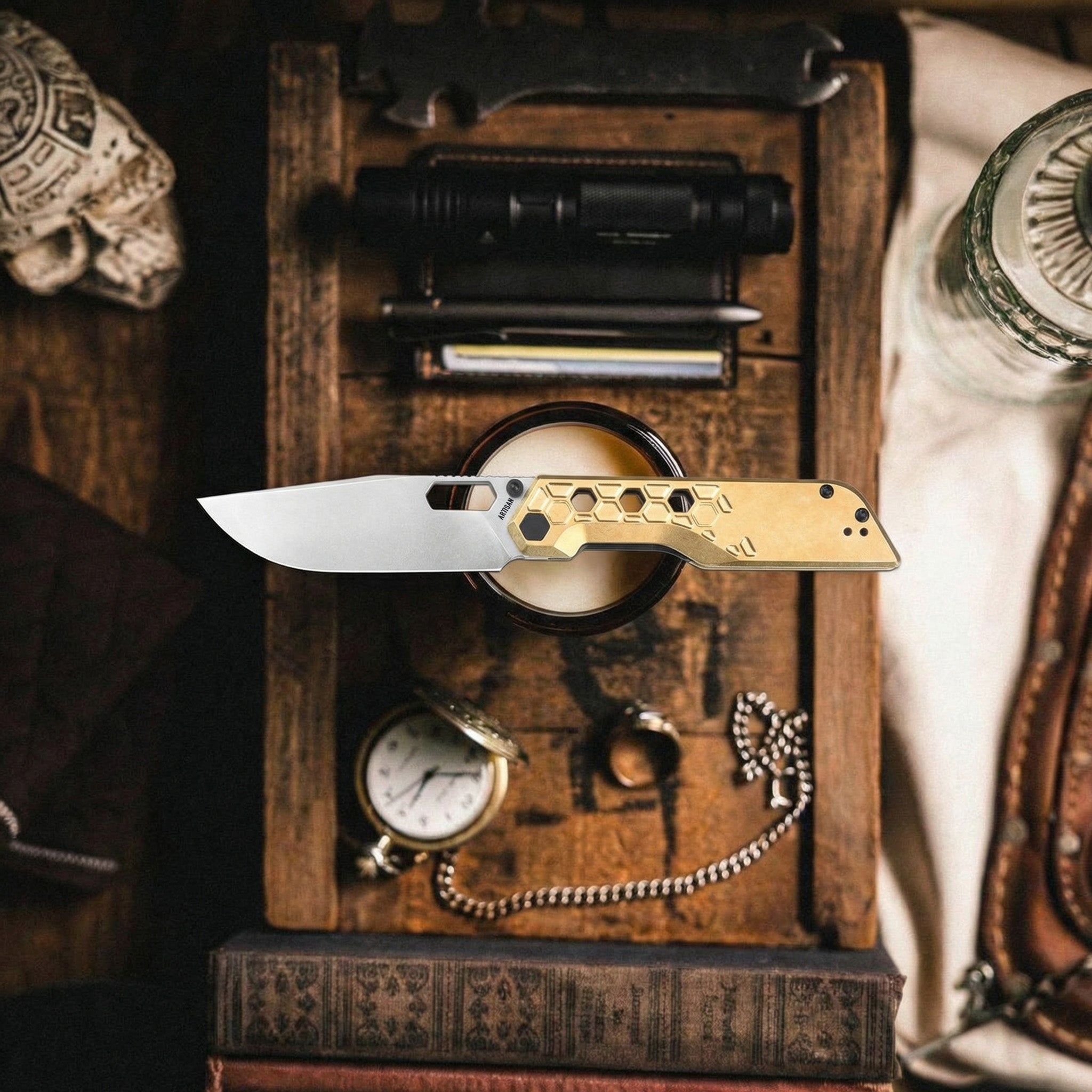 Artisan Cutlery Beest Liner Lock Front Flipper&Thumbs Hole Knife Brass Handle (3.65'' Stone Wash AR-RPM9 Blade) 1878P-BR