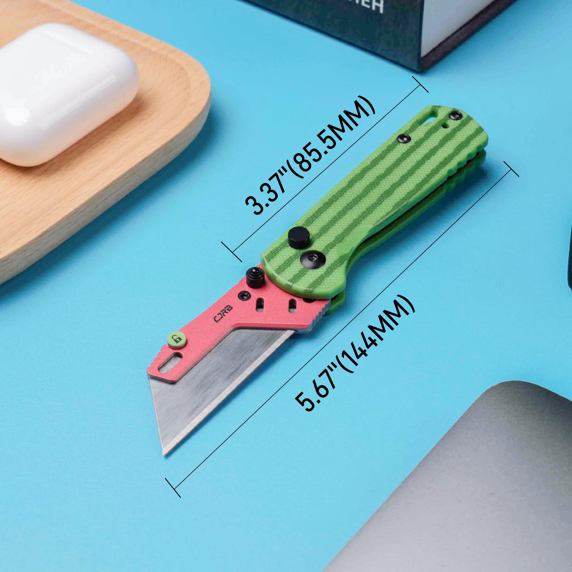 CJRB Boxer Button Lock Knife Green G10 Handle (2.3'' Stone Wash Steel Blade) J1967-WM, with 10 pcs blades