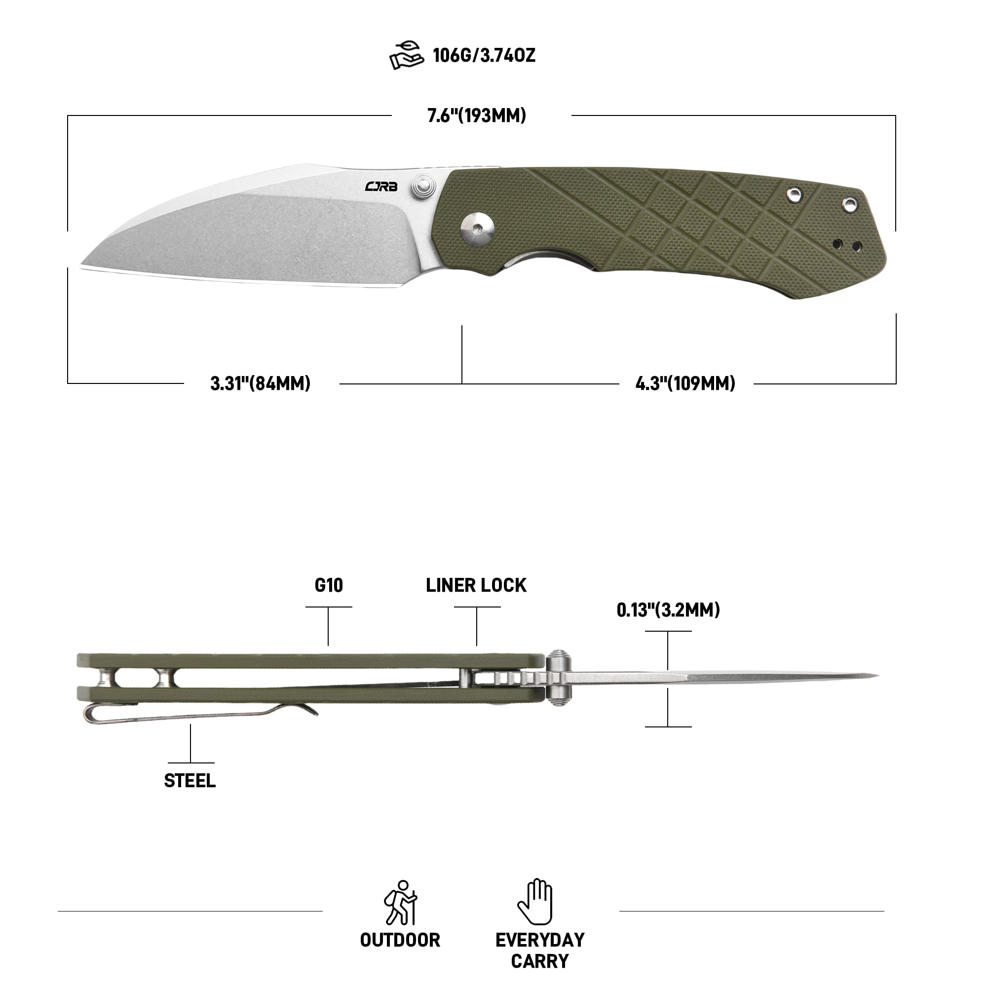 CJRB Kestrel J1962 AR-RPM9 Steel Blade G10 Handle Folding Knives Green