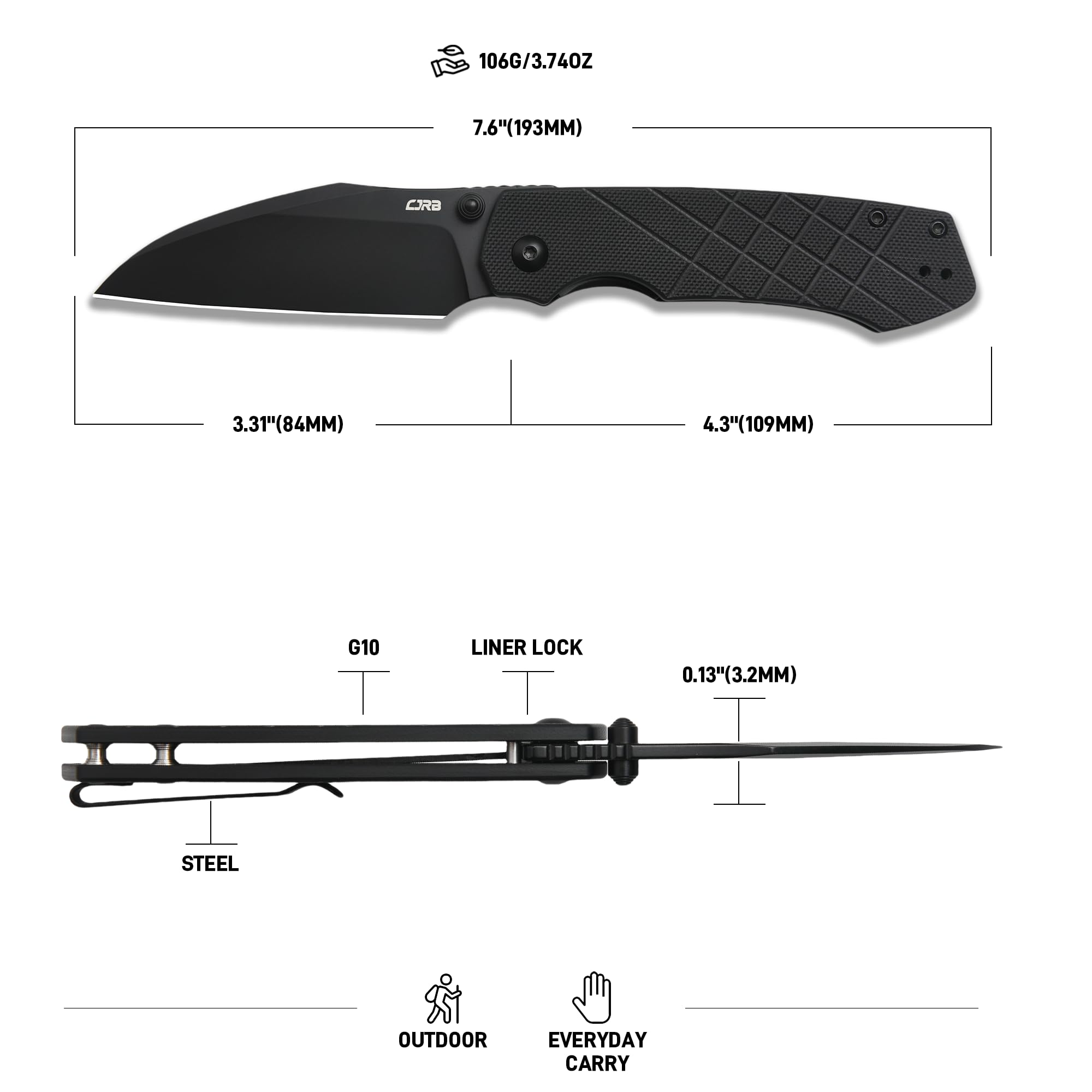 CJRB Kestrel J1962 AR-RPM9 Steel Blade G10 Handle Folding Knives Black