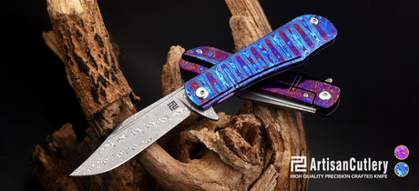 Artisan Cutlery Hyperion ATZ-1834GSD Damascus Blade Titanium Damascus Handle Folding Knives