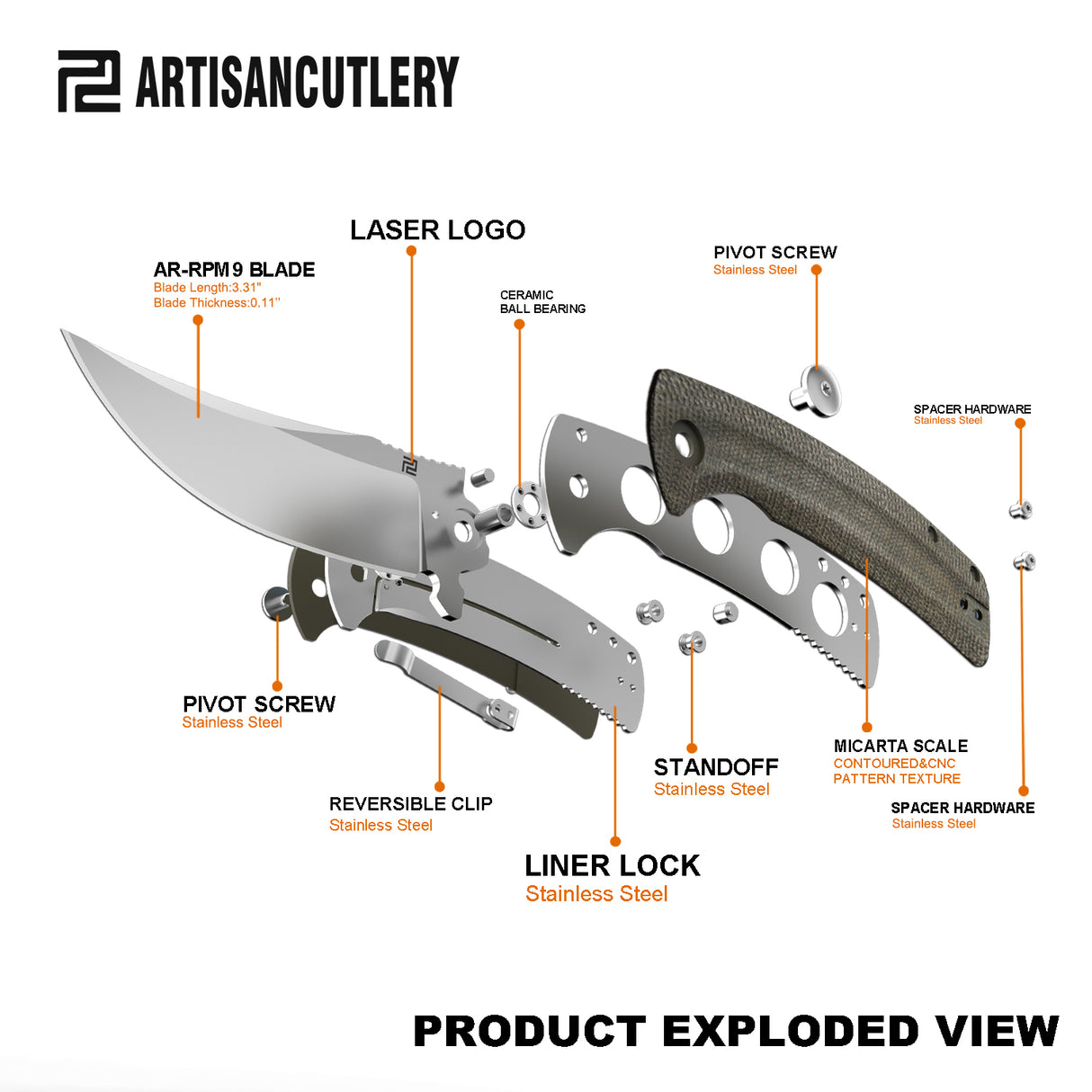 Artisan Cutlery Arroyo ATZ-1845P AR-RPM9 Steel Blade Micarta Handle Folding Knives