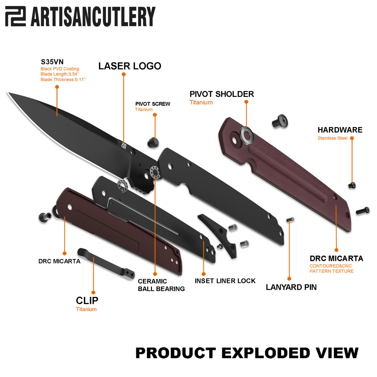 Artisan Cutlery Sirius 1849P-BDRC S35VN Black PVD Coated Blade Micarta Handle Folding Knives