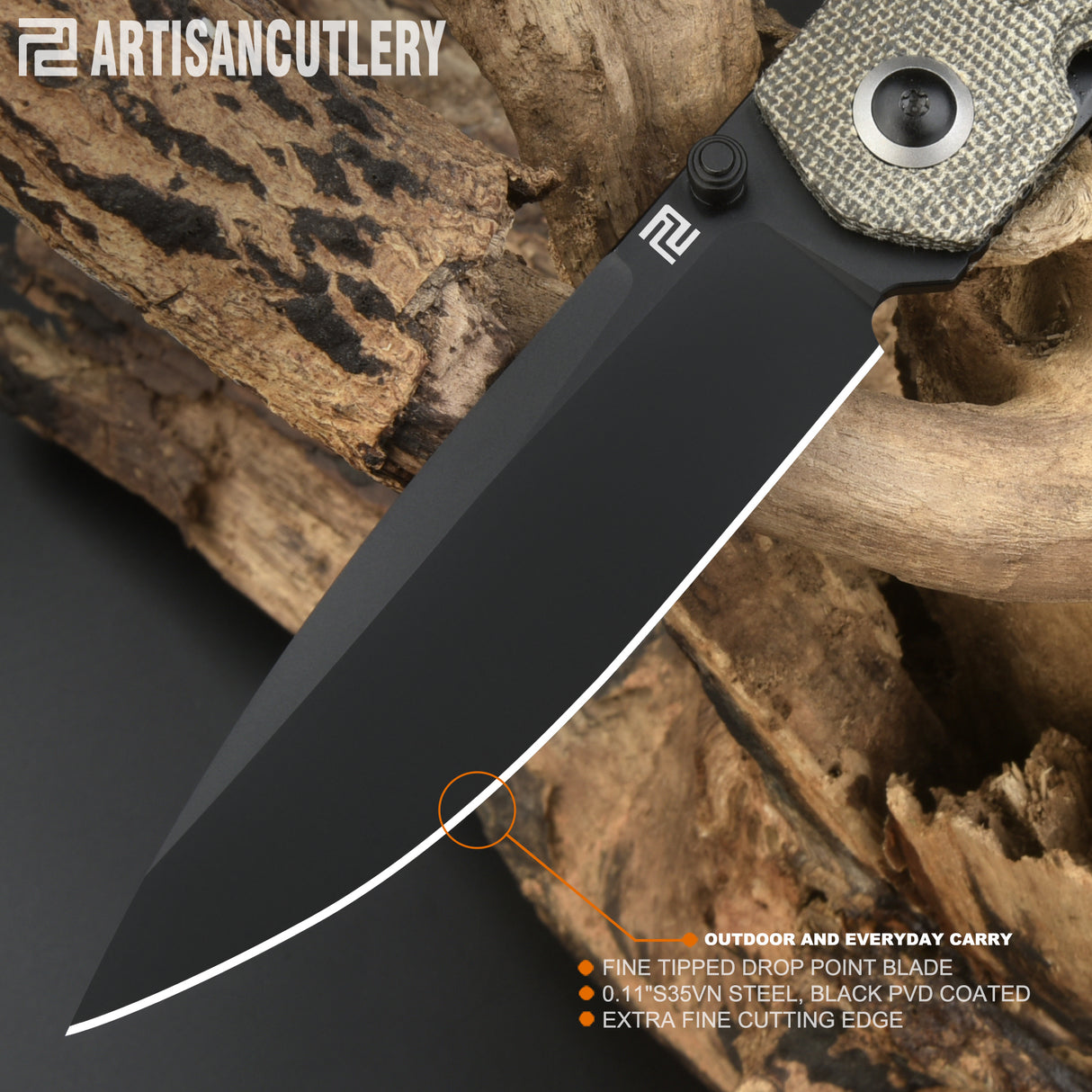 Artisan Cutlery Sirius 1849P-BODG S35VN Black PVD Coated Blade Micarta Handle Folding Knives