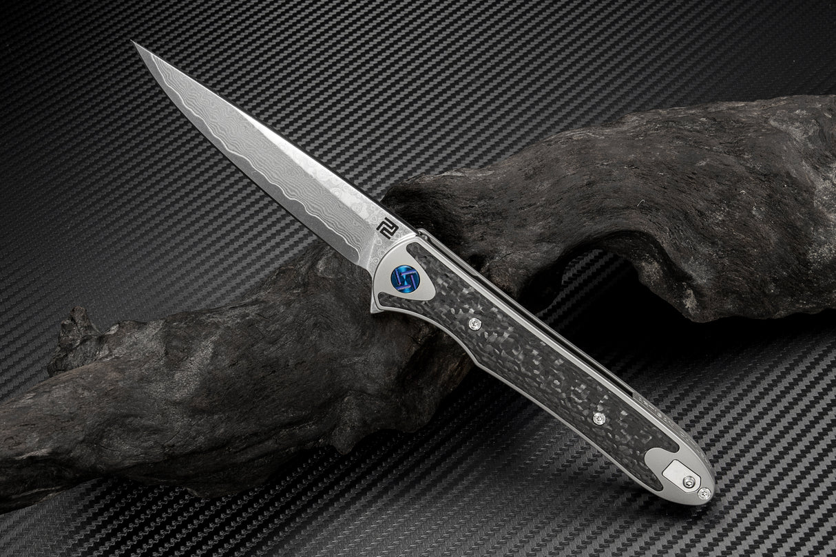 Artisan Cutlery Shark ATZ-1707GD Damascus Blade Titanium TC4 Handle Folding Knives