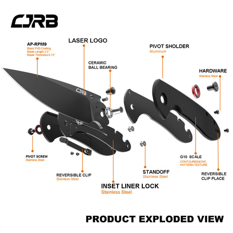 CJRB Feldspar J1912 AR-RPM9 Steel Black PVD Coated Blade G10 Handle Folding Knives