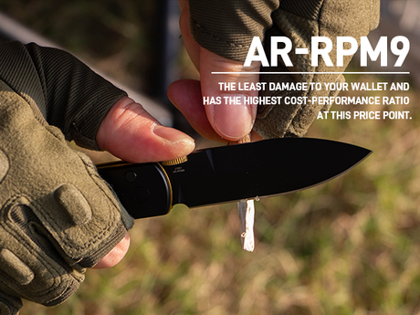 Person holding a black knife with text highlighting AR-RPM9 benefits.