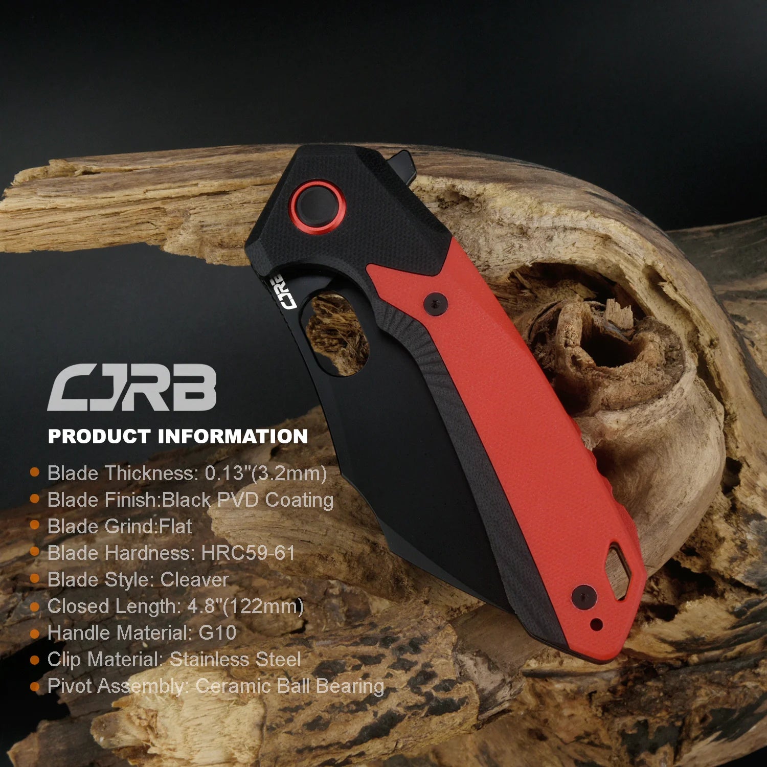 CJRB liner lock knife with black and red color and G10 Handle.