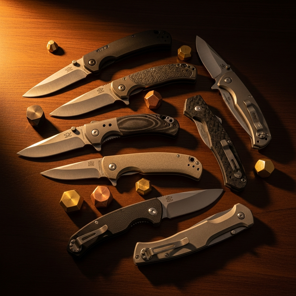 Warm editorial-style photo of an assortment of affordable EDC folding knives displayed on a wooden surface with geometric decorative elements