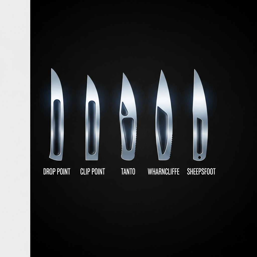 Illustration comparing different EDC knife blade shapes including drop point, clip point, tanto, and wharncliffe