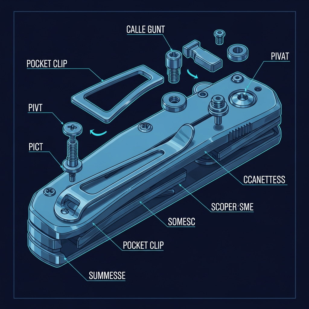 Technical illustration showing pocket clip positions and carry methods for folding knives on a pants pocket