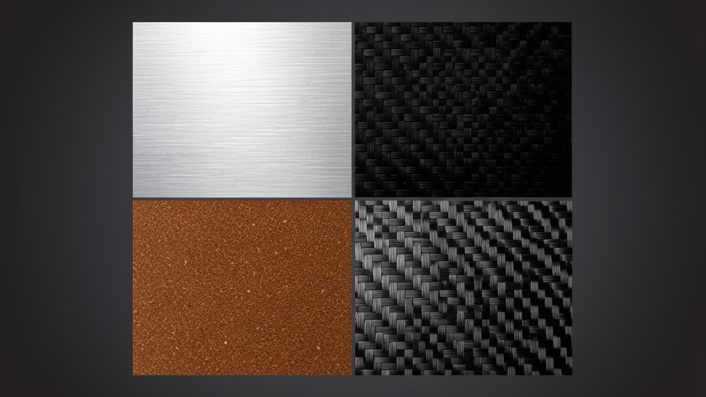 Four premium knife handle materials compared — titanium, G10, Micarta, and carbon fiber