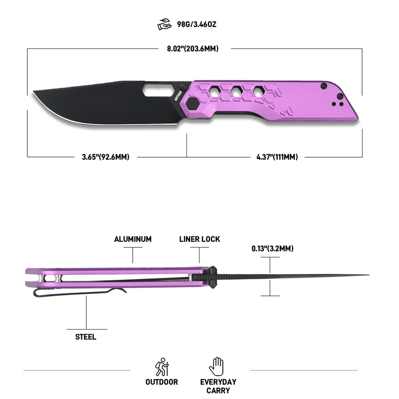 Artisan Cutlery Beest Liner Lock Front Flipper&Thumbs Hole Knife Purple Aluminum Handle (3.65'' Black PVD Coating AR-RPM9 Blade) 1878P-BVT