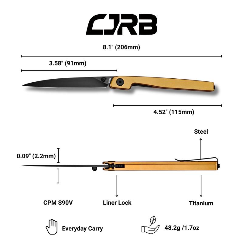 CJRB Lanky Thumb Stud & Front Flipper Liner Lock EDC Knife Titanium Handle Steel Clip(3.58'' CPM S90V Black PVD Coating Blade) J1965G-GL