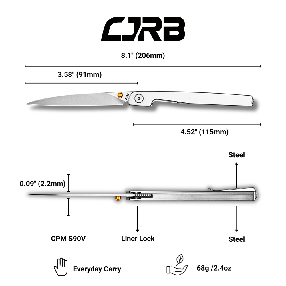 CJRB Lanky Thumb Stud & Front Flipper Liner Lock EDC Knife Steel Handle Steel Clip(3.58'' CPM S90V Stone Wash Blade) J1965G-ST