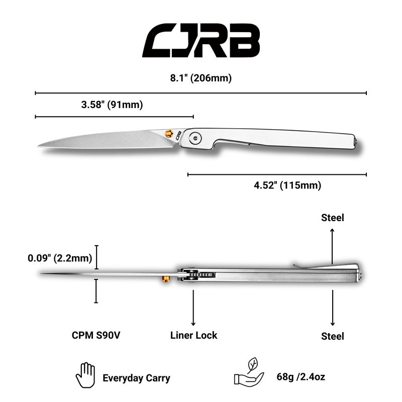 CJRB Lanky Thumb Stud & Front Flipper Liner Lock EDC Knife Steel Handle Steel Clip(3.58'' CPM S90V Stone Wash Blade) J1965G-ST