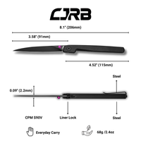 CJRB Lanky Thumb Stud & Front Flipper Liner Lock EDC Knife Steel Handle Steel Clip(3.58'' CPM S90V Black PVD Coating Blade) J1965G-BBK