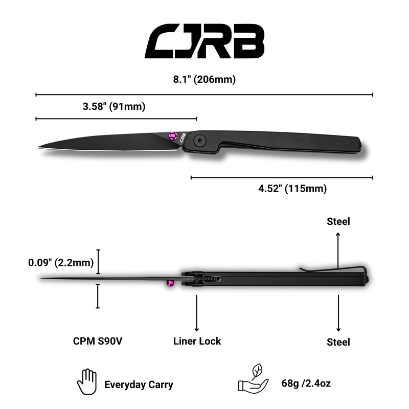 CJRB Lanky Thumb Stud & Front Flipper Liner Lock EDC Knife Steel Handle Steel Clip(3.58'' CPM S90V Black PVD Coating Blade) J1965G-BBK