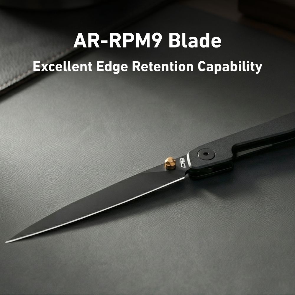 CJRB Lanky Liner Lock Front Flipper Knife Black Aluminum Handle (3.58'' Black PVD Coating AR-RPM9 Blade) J1965-BBK