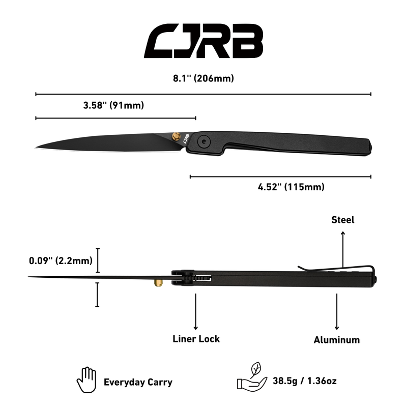 CJRB Lanky Liner Lock Front Flipper Knife Black Aluminum Handle (3.58'' Black PVD Coating AR-RPM9 Blade) J1965-BBK