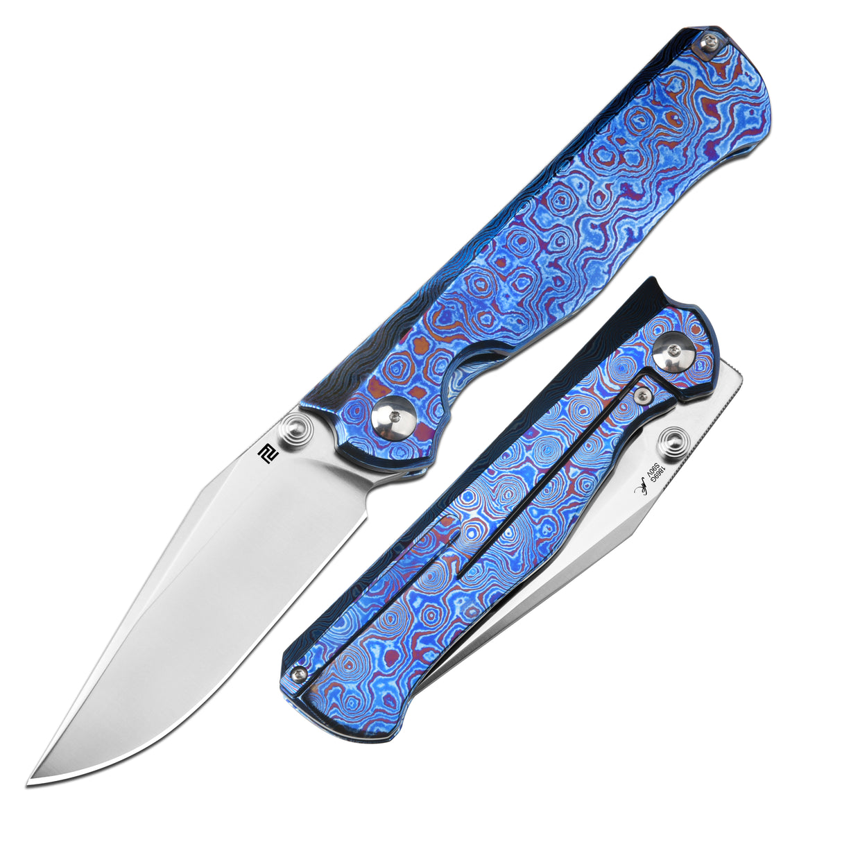 ArtisanCutlery Crusoe ATZ-1869G S90V Blade Titanium Damascus Handle Folding Knives