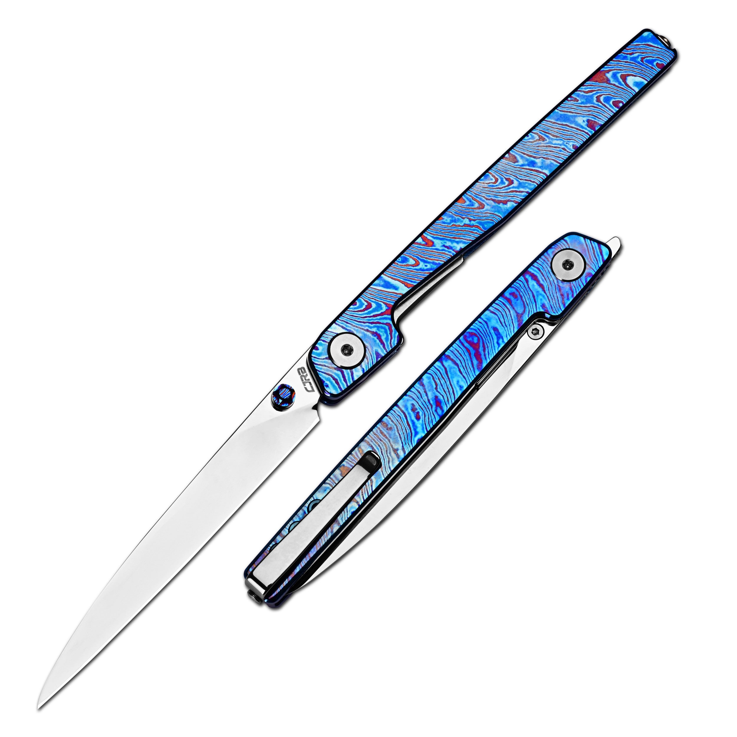 CJRB Lanky Thumb Stud & Front Flipper Liner Lock EDC Knife Titanium Damascus Handle Steel Clip(3.58'' CPM S90V Mirror Polish Blade) J1965G-TDB