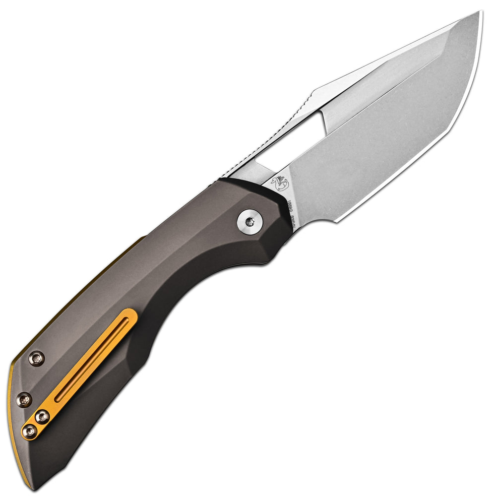 ArtisanCutlery Mousebird Thumb Hole Top Liner Lock EDC Knife Titanium Handle Gold Titanium Clip(3'' S35VN Stone Wash Blade ) 1889G-DG