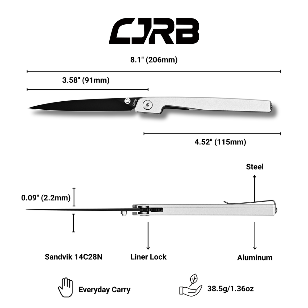 CJRB Lanky Thumb Stud & Liner Lock Knife Sliver Aluminum Handle (3.58'' Sandvik 14C28N Black PVD Coating Blade) J1965-SLV