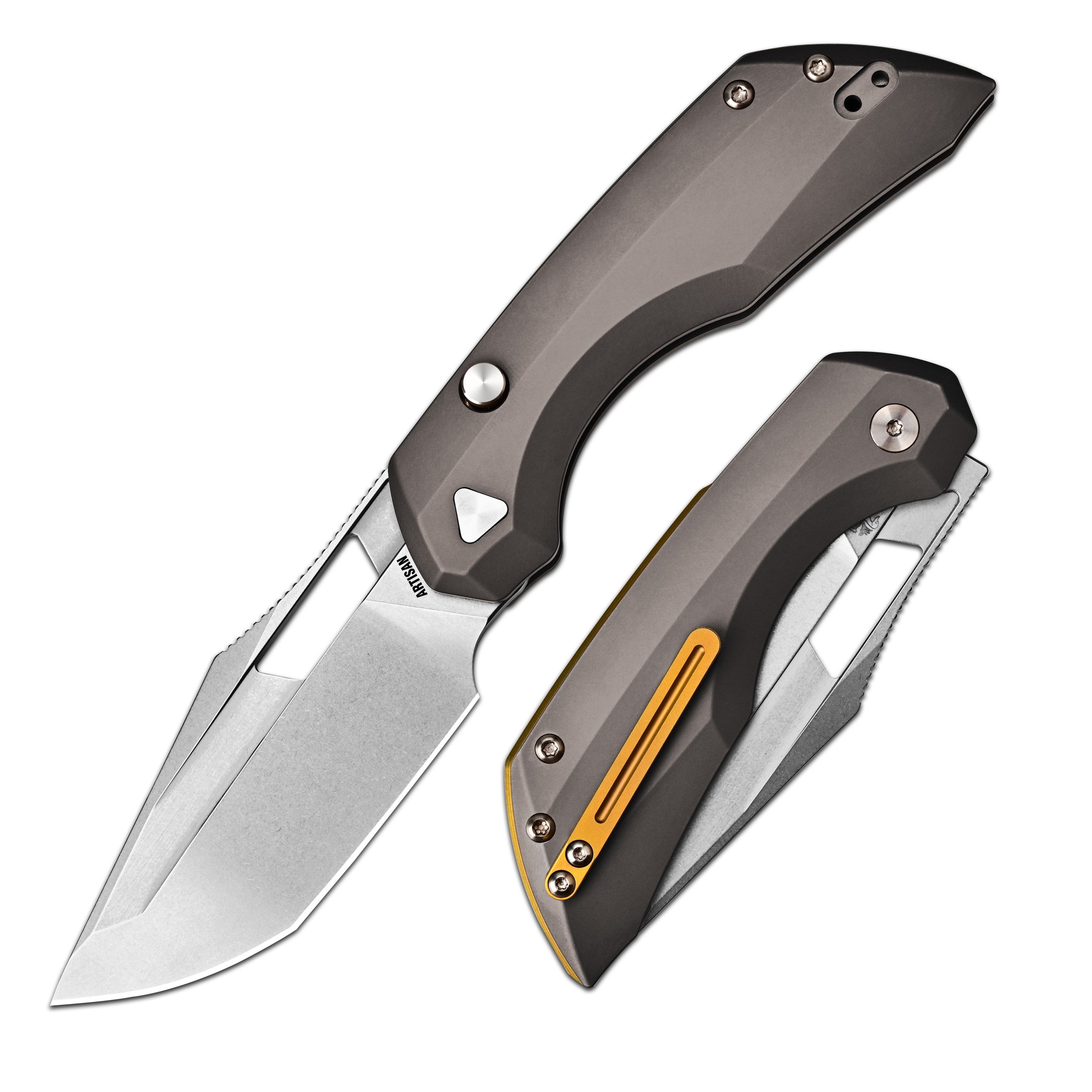 ArtisanCutlery Mousebird Thumb Hole Top Liner lock Lock EDC Knife Titanium Handle Gold Titanium Clip(3'' S35VN Stone Wash Blade ) 1889G-DG