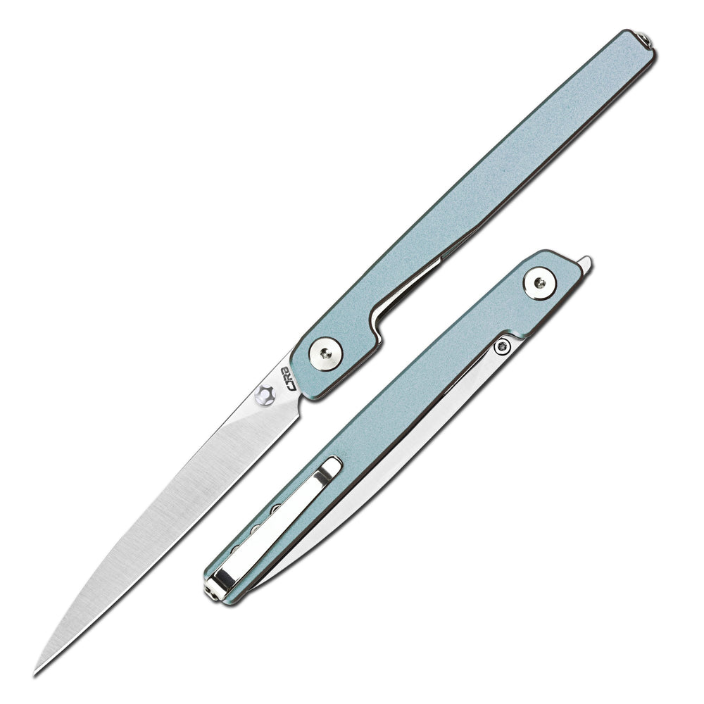 CJRB Lanky Thumb Stud & Liner Lock Knife Light Blue Aluminum Handle (3.58'' Sandvik 14C28N Sand Polish Blade) J1965-PBU