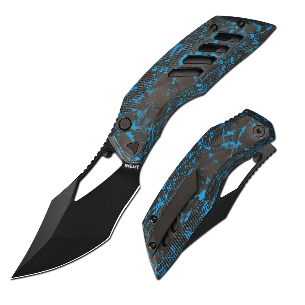 ArtisanCutlery Dark Wing Thumb Hole & Front Flipper Top Liner Lock EDC Knife Carbon Fiber(Glow in the dark) Handle(3.63'' CPM S90V Black PVD Coating Blade ) 1887G-GDBU