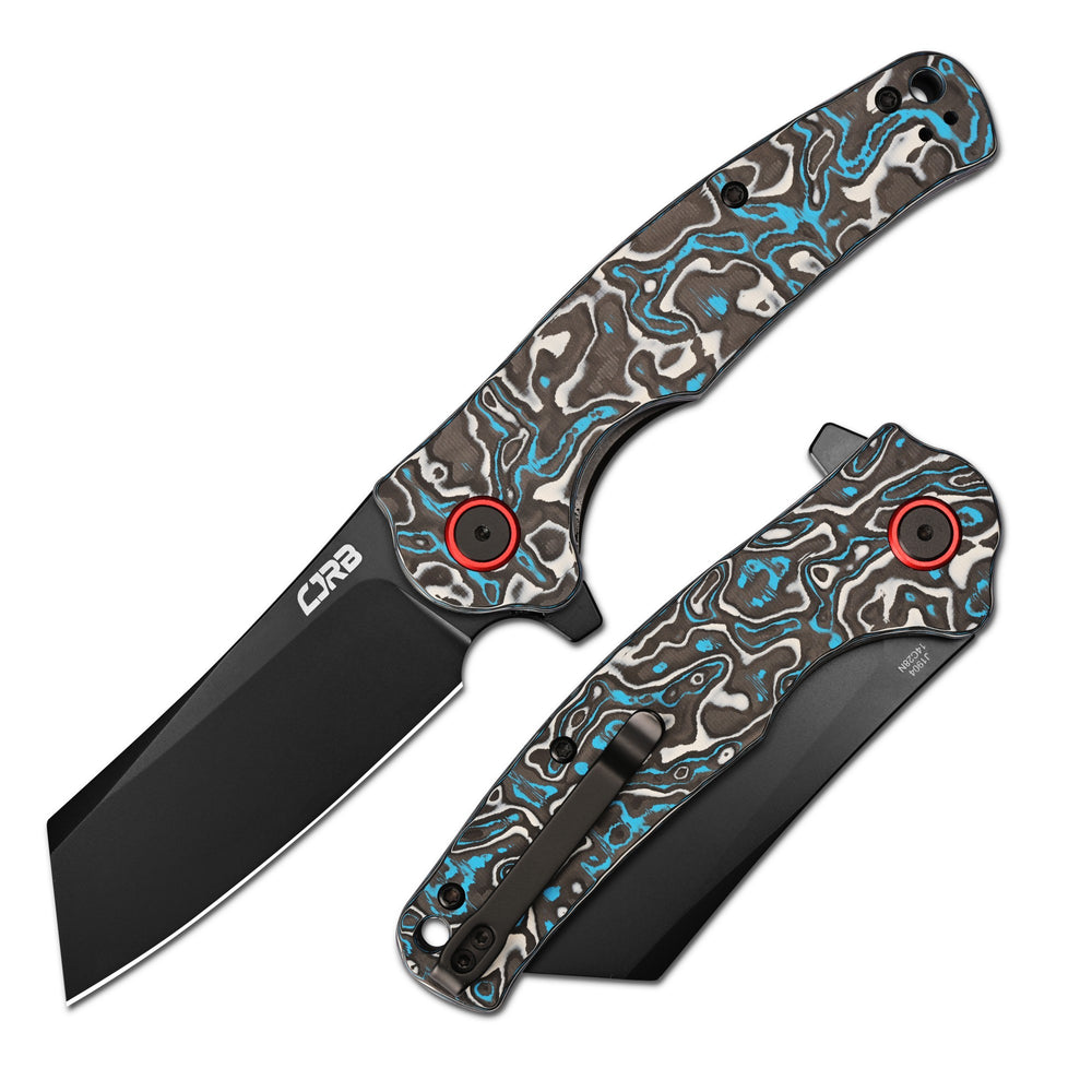 CJRB Crag Flipper & Liner Lock Folding Knife Blue & White Fat Carbon Handle (3.43'' 14C28N Steel Black PVD Coating Blade) J1904-BWCF (Exclusive)