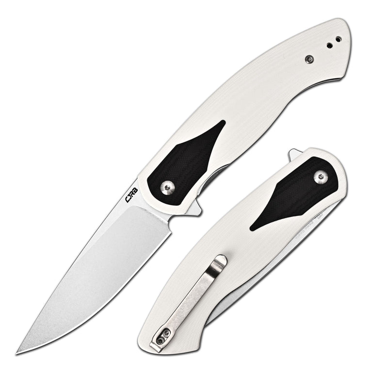 CJRB Rodayo Flipper & Liner Lock Folding Knife White G10 Handle (3.78'' Stone Wash AR-RPM9 Steel Blade) J1972-WBK
