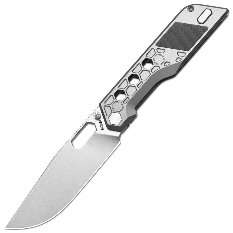 ArtisanCutlery Beest Frame Lock Knife Grey Titanium + Fat Carbon Handle (3.65'' Stone Wash S35VN Blade) 1878G-GY