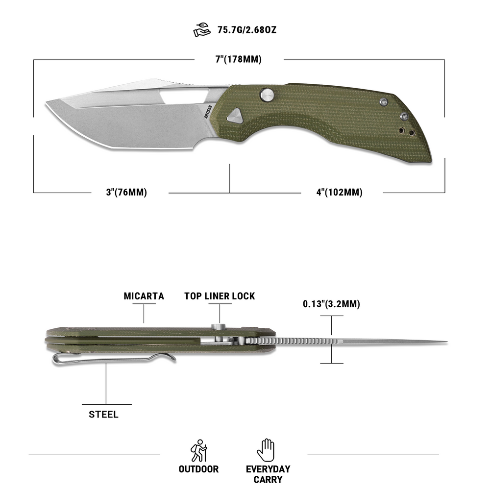 ArtisanCutlery Mousebird Thumb Hole Top Liner Lock EDC Knife Micarta Handle Steel Clip(3'' N690 Stone Wash Blade ) 1889G-MGN