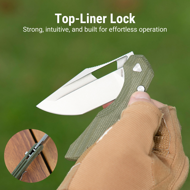 ArtisanCutlery Mousebird Thumb Hole Top Liner Lock EDC Knife Micarta Handle Steel Clip(3'' N690 Stone Wash Blade ) 1889G-MGN