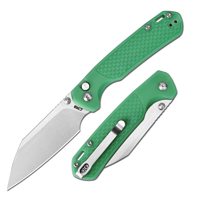 CJRB Pyrite-Light Thumb Stud & Button Lock EDC Knife, Thermochromic FRN Handle (Dark Green to Light Green), 3.34'' AR-RPM9 Stonewashed Blade, J1945-DLG