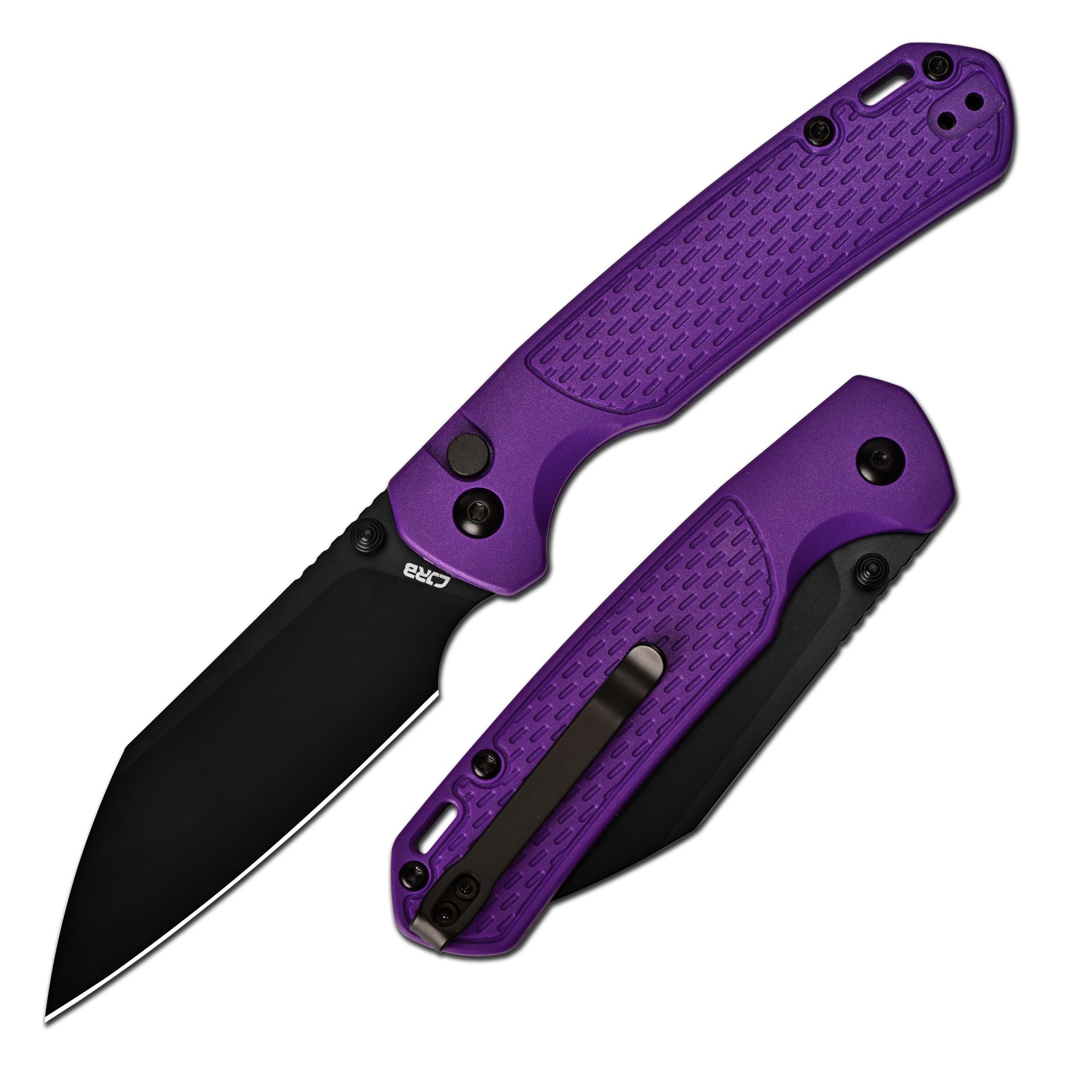 CJRB Pyrite-Light Thumb Stud & Button Lock EDC Knife Purple FRN Handle(3.34'' AR-RPM9 Black PVD Coating Blade) J1945-BPU (Exclusive)