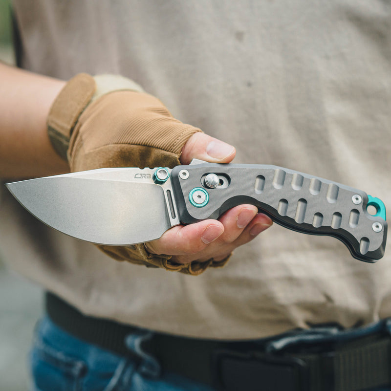 CJRB Doubletap Thumb Stud & Recoil Lock V2 Tatical Knife Gray 7075-T6 Aluminum Handle(3.86'' D2 Stone Wash Blade) J1970-GAL (Exclusive)