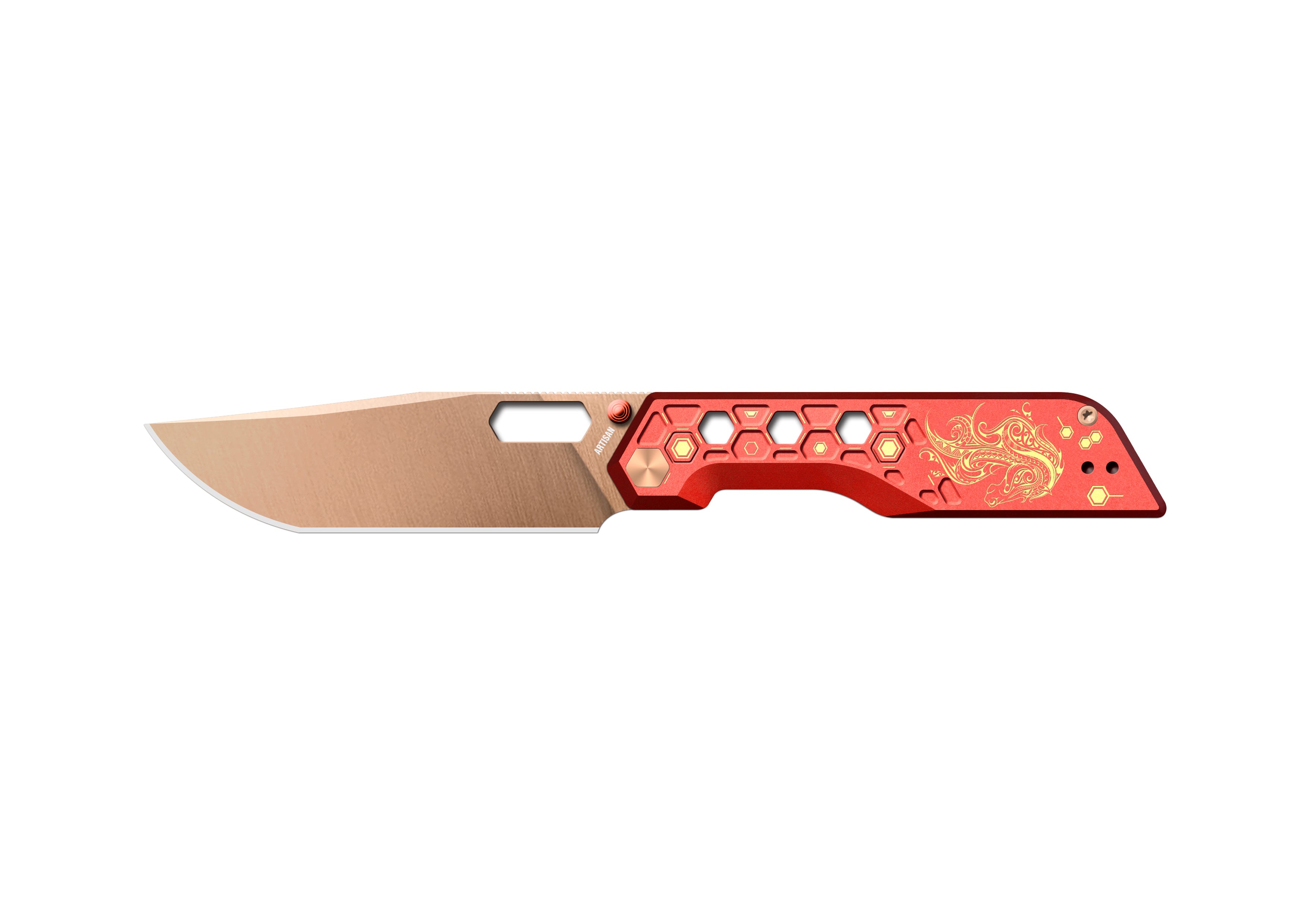 Pre-order | Artisan Cutlery Beest Liner Lock Front Flipper&Thumbs Hole Knife Red Aluminum Handle (3.65'' Rose Gold Coating AR-SFII Blade) 1878P-RE