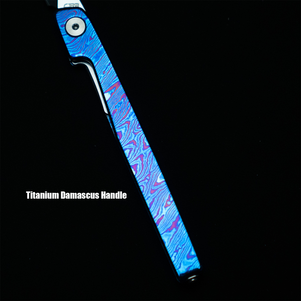 CJRB Lanky Thumb Stud & Front Flipper Liner Lock EDC Knife Titanium Damascus Handle Steel Clip(3.58'' CPM S90V Mirror Polish Blade) J1965G-TDB